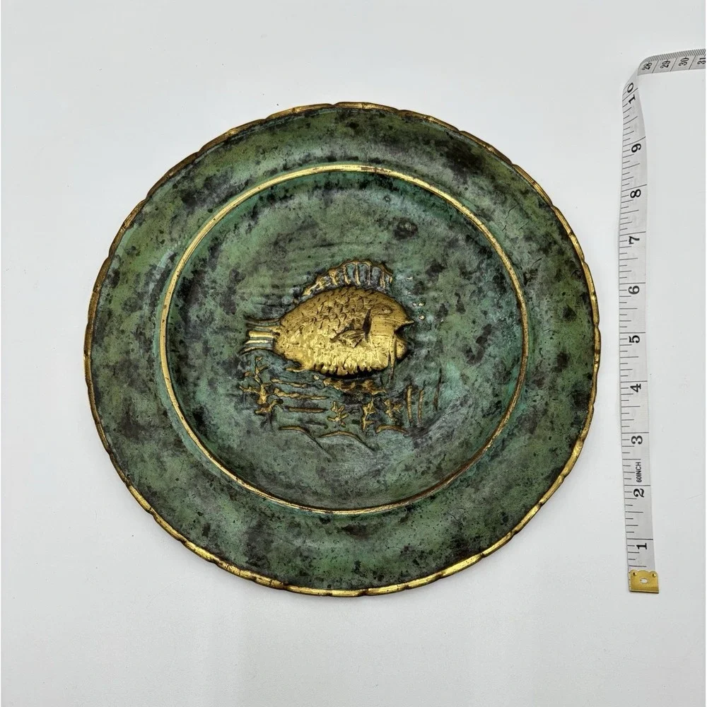 Vintage Italian Brass Fish Plate Verdigris Patina Wall Decor Made In Italy